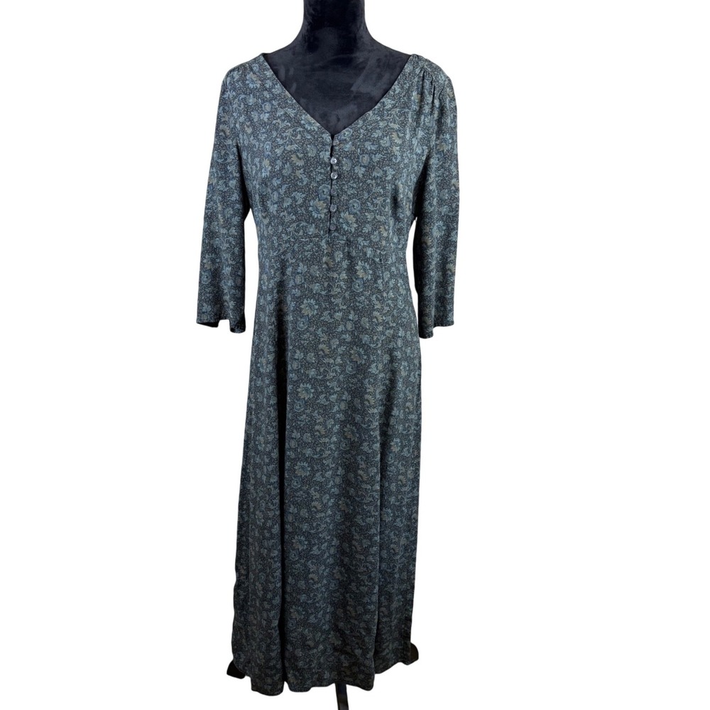 Eddie Bauer Teal Floral Paisley Rayon Maxi Dress V-Neck 3/4 Sleeve Large